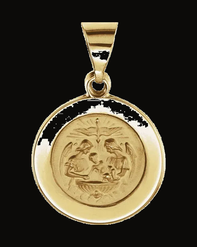 Round Hollow Baptismal Medal — 14K Yellow Gold