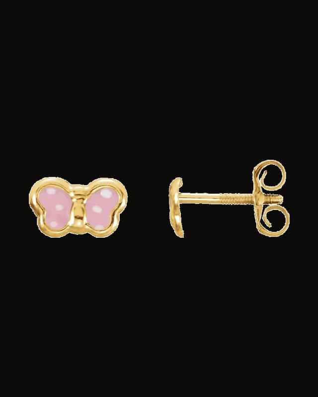Pink Enamel Youth Butterfly Earrings — 14K Yellow Gold