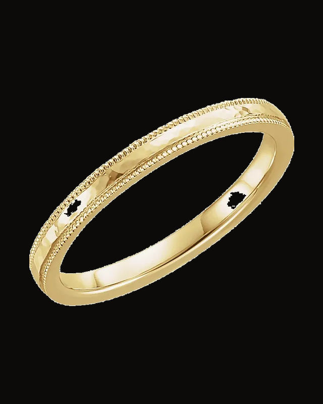 Milgrain Edge Comfort-Fit Flat Band with Hammer Finish — 14K Yellow Gold · 2 mm