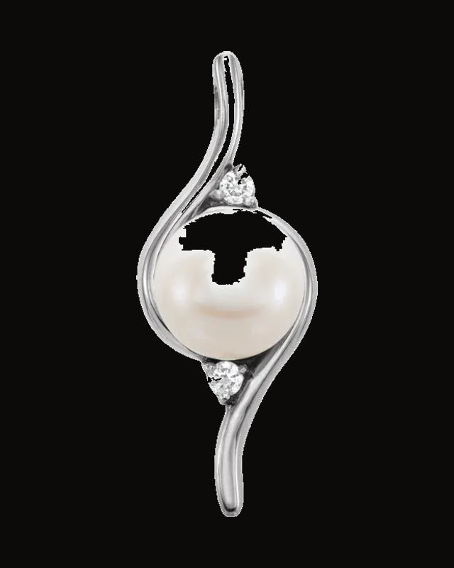 Cultured White Freshwater Pearl And 0.03 CTW Natural Diamond Pendant — Rhodium-Plated on 14K White Gold