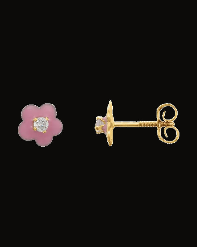 Youth Cubic Zirconia Flower Enamel Earrings With Backs — 14K Yellow Gold · 2 mm