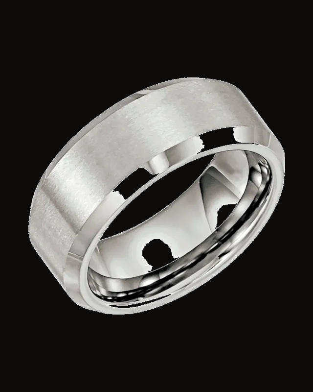 Beveled-Edge Comfort-Fit Band with Satin Finish — White Tungsten / Tungsten · 8 mm