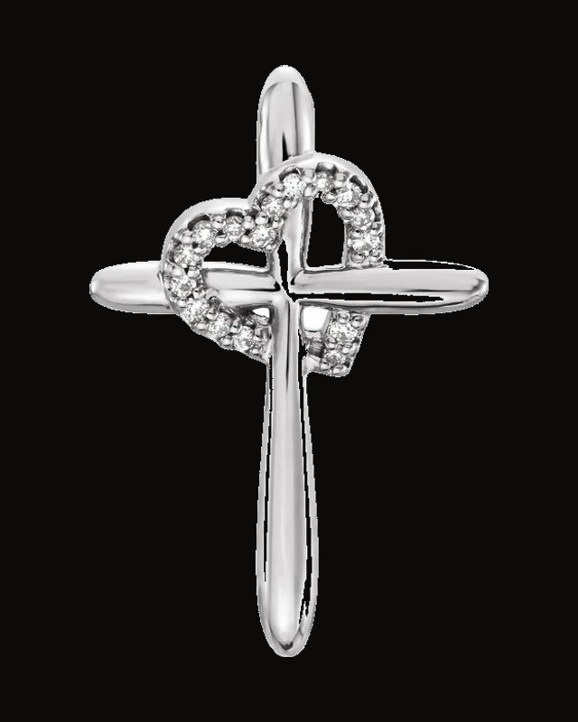 0.04 CTW Natural Diamond Cross With Heart Pendant — Rhodium-Plated on 14K White Gold