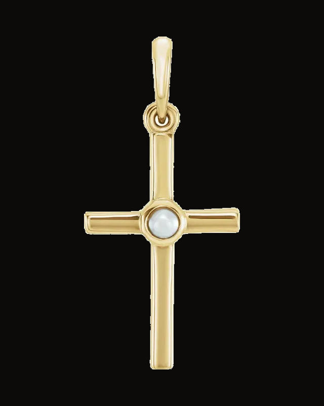 Cultured White Freshwater Pearl Cross Pendant — 14K Yellow Gold · 2 mm