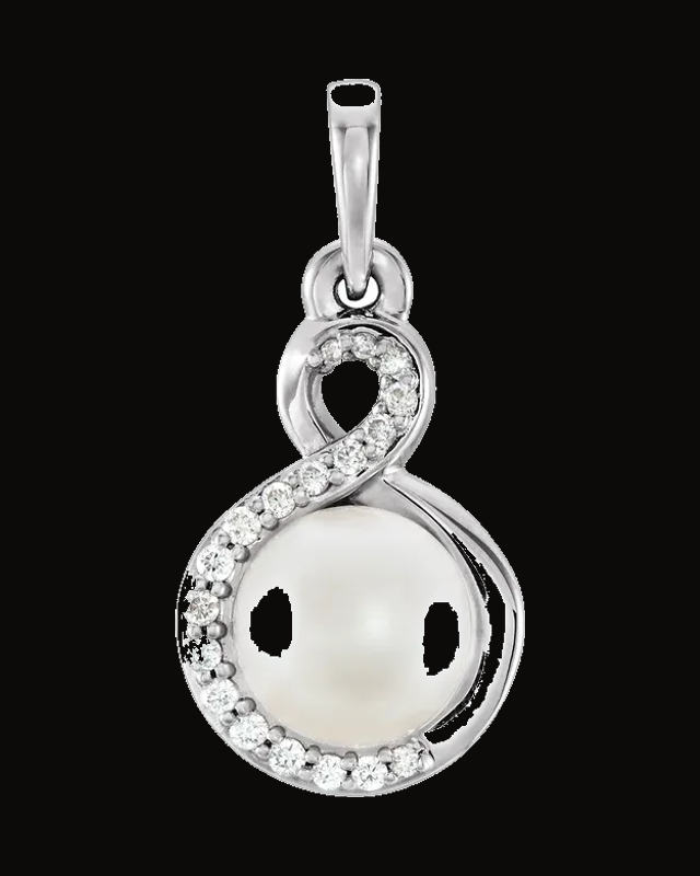 Cultured White Freshwater Pearl And 0.07 CTW Natural Diamond Pendant — Rhodium-Plated on 14K White Gold