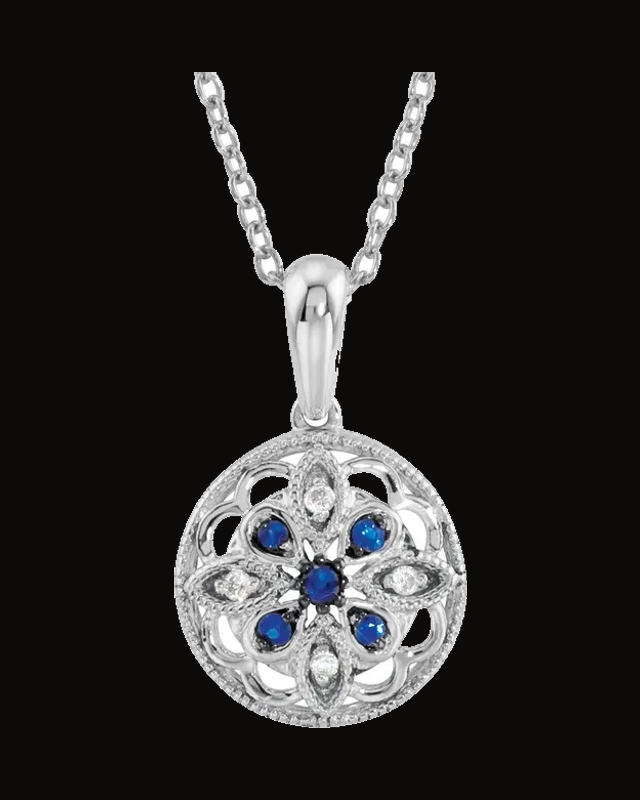 Natural Blue Sapphire & 0.03 CTW Natural Diamond Necklace — Rhodium-Plated on Sterling Silver