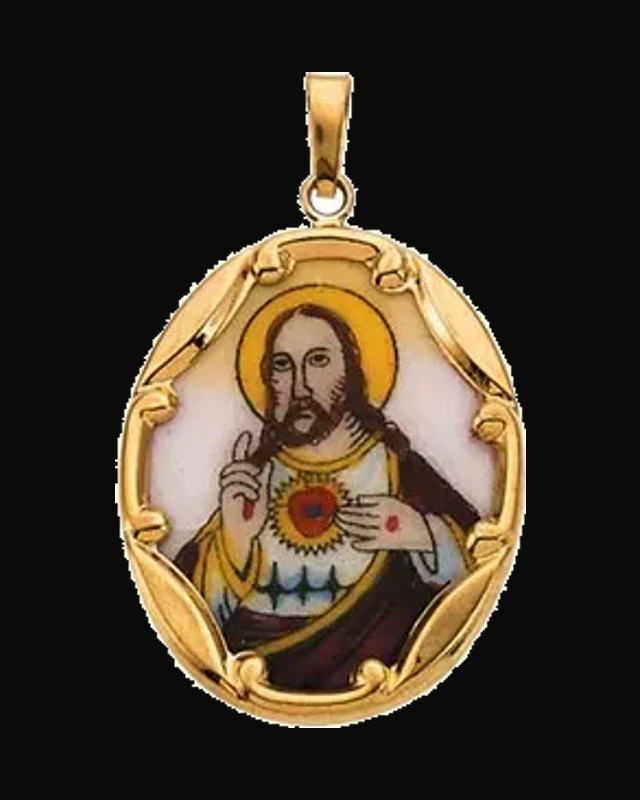 Hand Painted Sacred Heart of Jesus Porcelain Pendant — 14K Yellow Gold