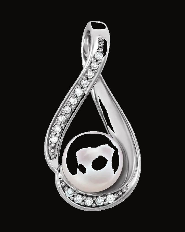 Cultured White Freshwater Pearl And 0.03 CTW Natural Diamond Pendant — Rhodium-Plated on 14K White Gold