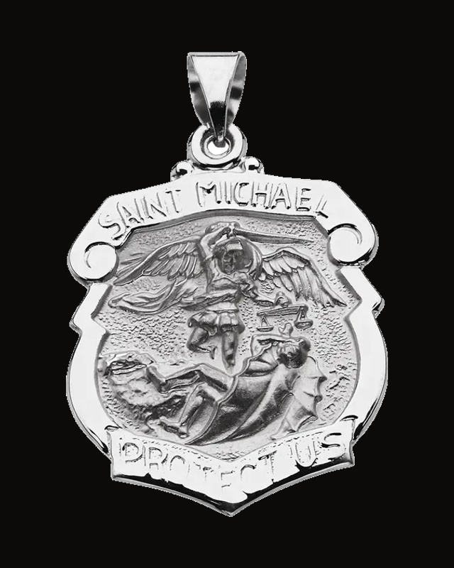 Hollow St. Michael Shield Medal — 14K White / Yellow Gold