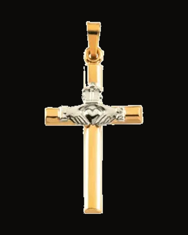 Hollow Claddagh Cross Pendant — Rhodium-Plated on 14K Yellow & White Gold