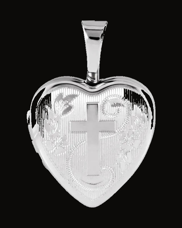 Heart Locket With Cross — Rhodium-Plated on Sterling Silver