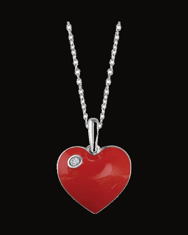 0.02 Ct Natural Diamond Red Enamel Heart Necklace — Rhodium-Plated on Sterling Silver