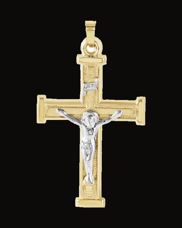 Hollow Crucifix Pendant — Rhodium-Plated on 14K Yellow & White Gold