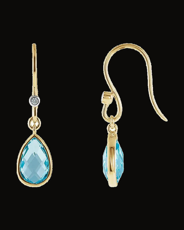 Natural Swiss Blue Topaz And 0.02 CTW Natural Diamond Earrings — Rhodium-Plated on 14K Yellow Gold