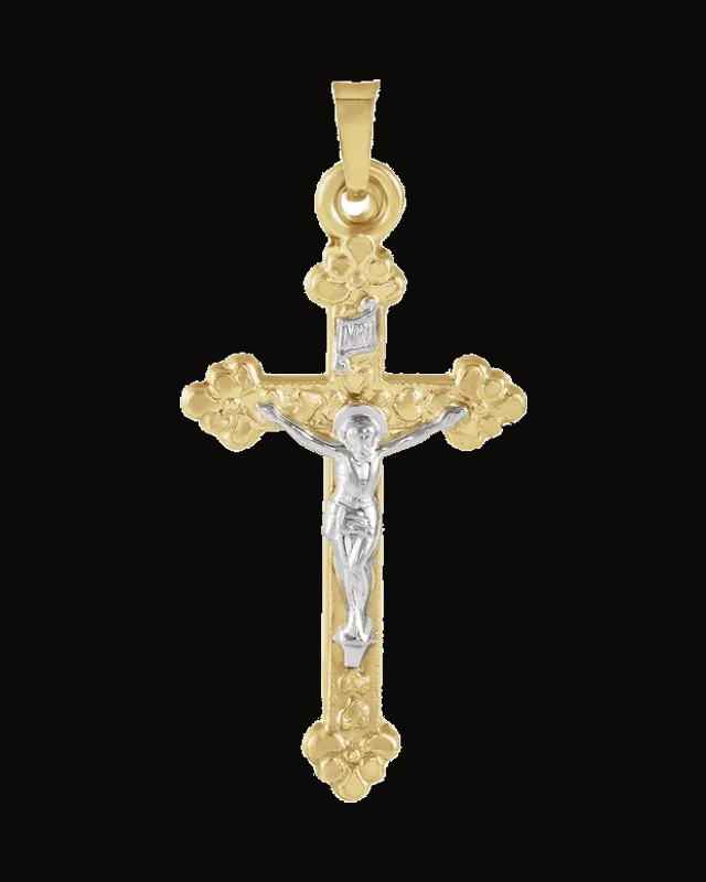 Two Tone Crucifix Pendant — Rhodium-Plated on 14K Yellow & White Gold — Hollow