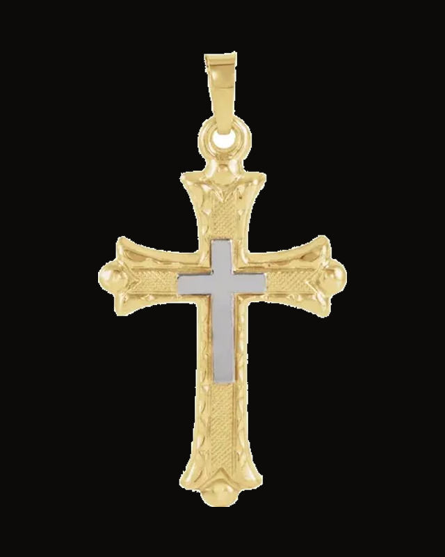 Two Tone Hollow Cross Pendant — 14K Yellow & White Gold