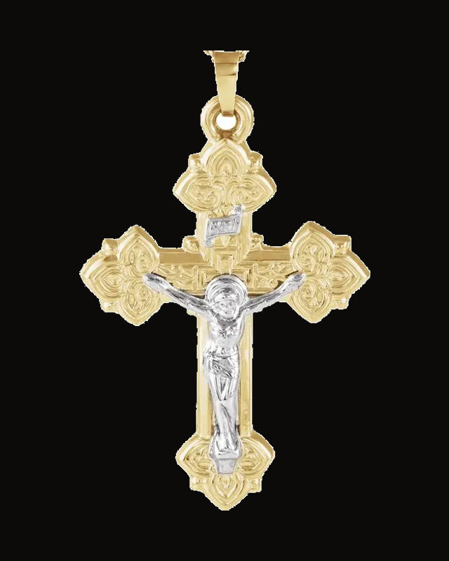 Two Tone Crucifix Pendant — Rhodium-Plated on 14K Yellow & White Gold — Hollow