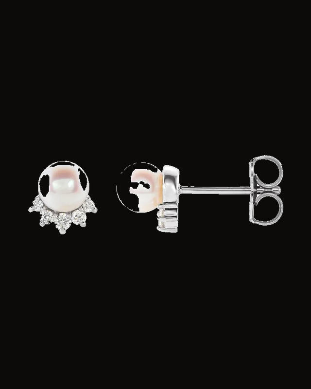 Cultured White Freshwater Pearl And 0.08 CTW Natural Diamond Earrings — 14K Rose / White Gold