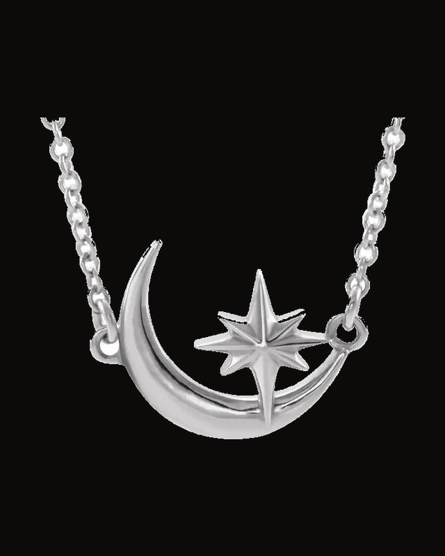 Crescent Moon & Star Necklace or Center — Rhodium-Plated on 14K White Gold