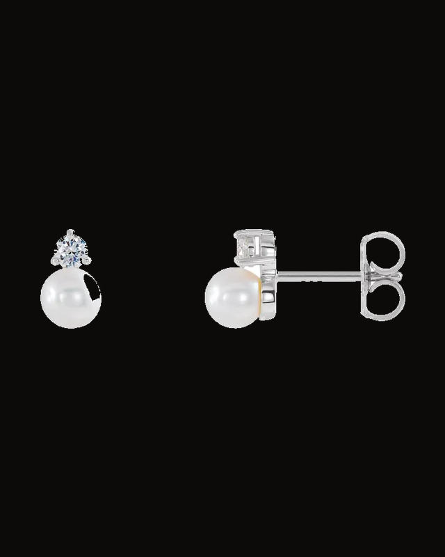 Cultured White Freshwater Pearl And 1/8 CTW Natural Diamond Earrings — 14K White / Yellow Gold