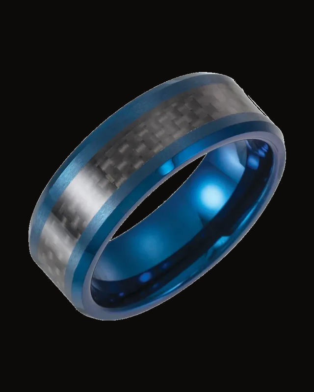 Black Carbon Fiber Inlay Comfort-Fit Band With Blue Enameled Plating — Tungsten