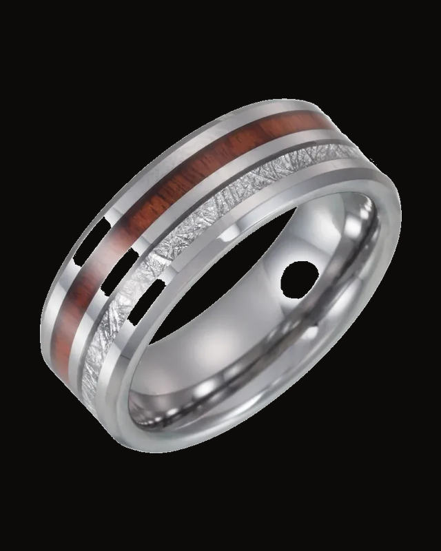 Beveled-Edge Imitation Meteorite & Acacia Wood Inlay Comfort-Fit Band — Tungsten · 8 mm
