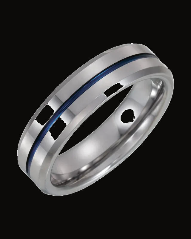 Grooved Inlay With Blue Enamel Comfort-Fit Band With Enameled Plating — Enameled Tungsten