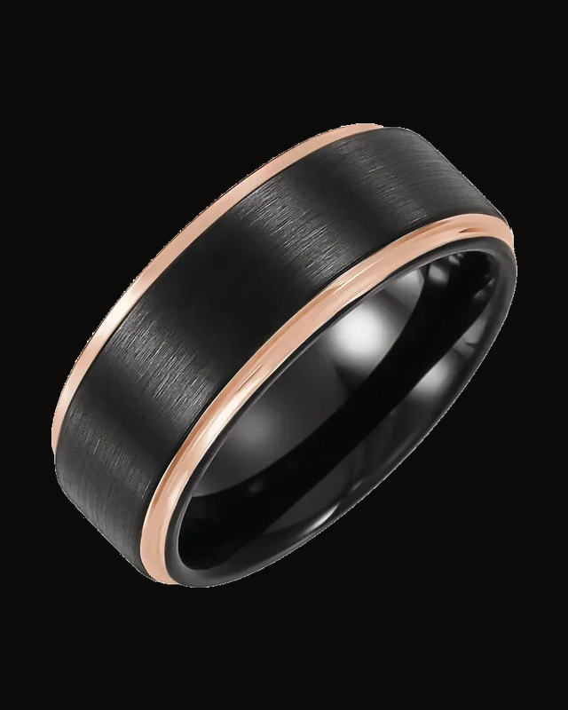 Stepped-Edge Comfort-Fit Flat Band With 18K Rose Gold And Black Pvd — 18K Rose Gold PVD & Black PVD Tungsten