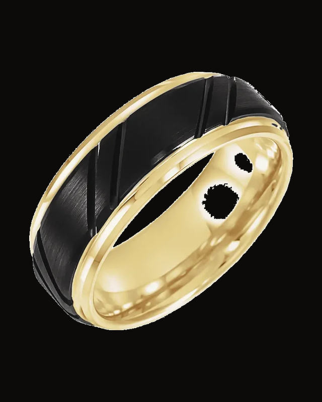 Stepped-Edge Grooved Comfort-Fit Band Withn 18K Yellow Gold And Black Pvd — 18K Yellow Gold PVD & Black PVD Tungsten