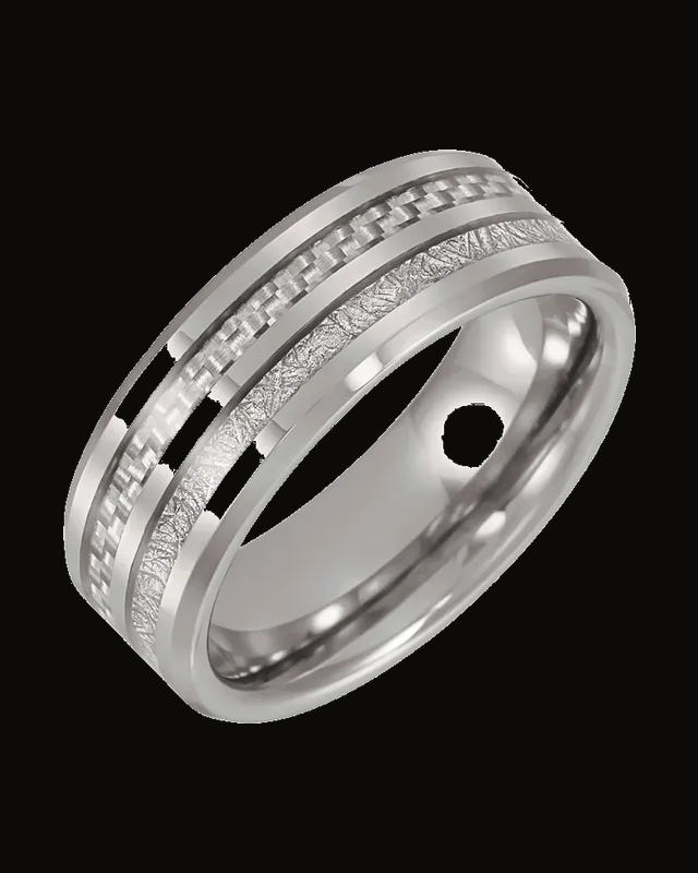 Beveled-Edge Imitation Meteorite & Carbon Fiber Inlay Comfort-Fit Band — Tungsten