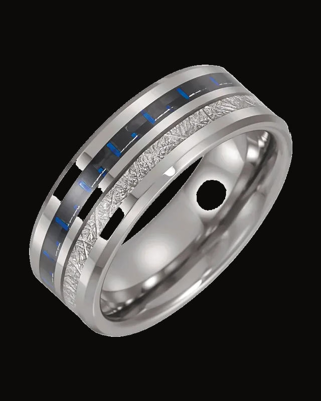 Beveled-Edge Imitation Meteorite & Carbon Fiber Inlay Comfort-Fit Band — Tungsten