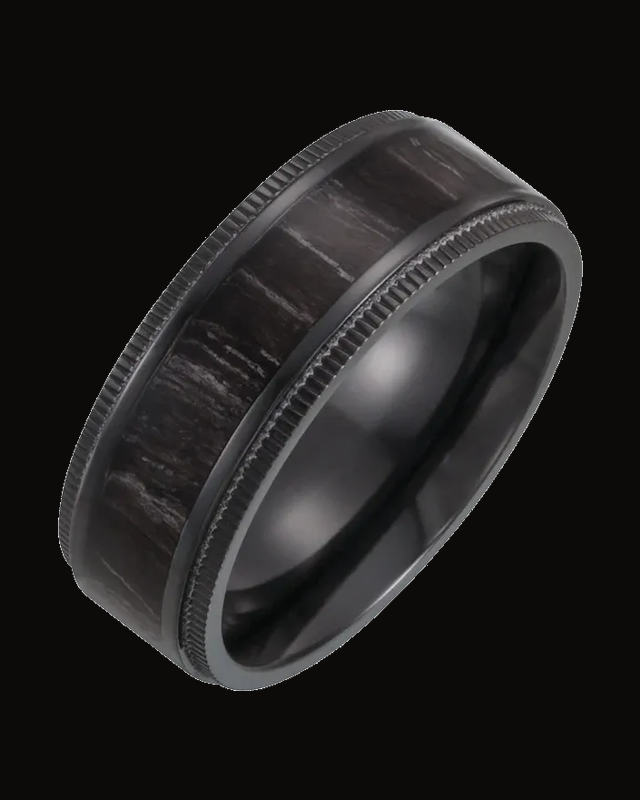 Coin-Edge Oak Wood Inlay Comfort-Fit Band — Black Titanium · 8 mm