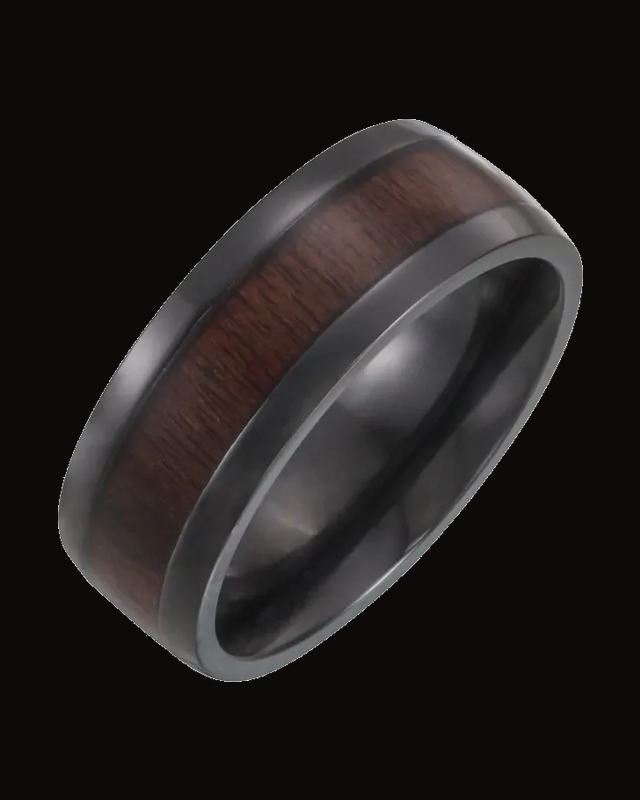 Beveled-Edge Ebony Wood Inlay Comfort-Fit Band — Black Titanium · 8 mm