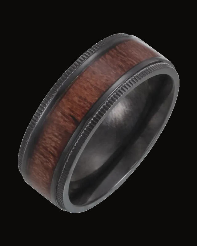 Beveled-Edge Teak Wood Inlay Comfort-Fit Band — Black Titanium · 8 mm