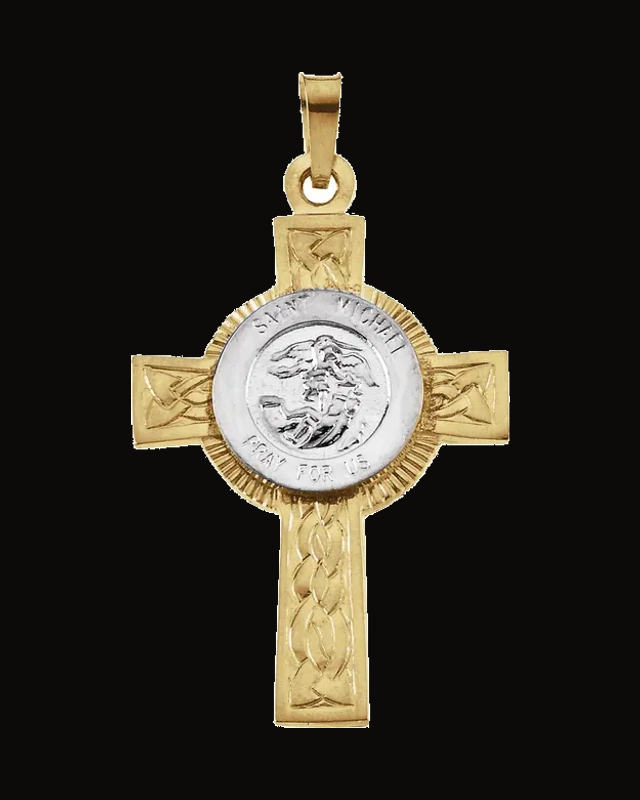 St. Michael Cross Pendant — Rhodium-Plated on 14K Yellow & White Gold