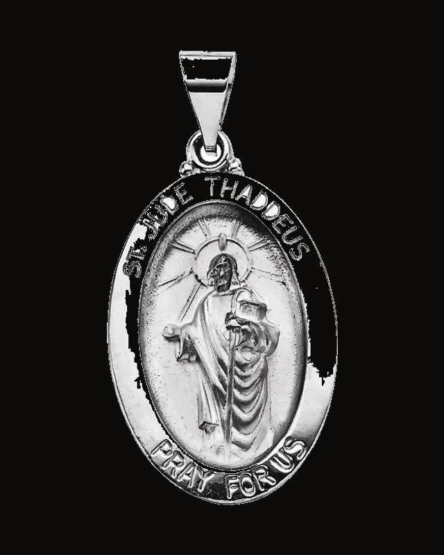 Oval Hollow St. Jude Thaddeus Medal — Rhodium-Plated on 14K White Gold
