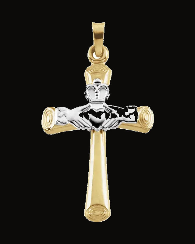 Hollow Claddagh Cross Pendant — Rhodium-Plated on 14K Yellow & White Gold
