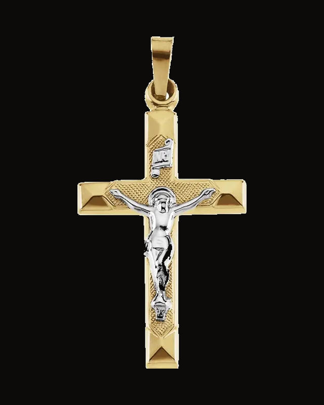 Two Tone Crucifix Pendant — Rhodium-Plated on 14K Yellow & White Gold — Hollow