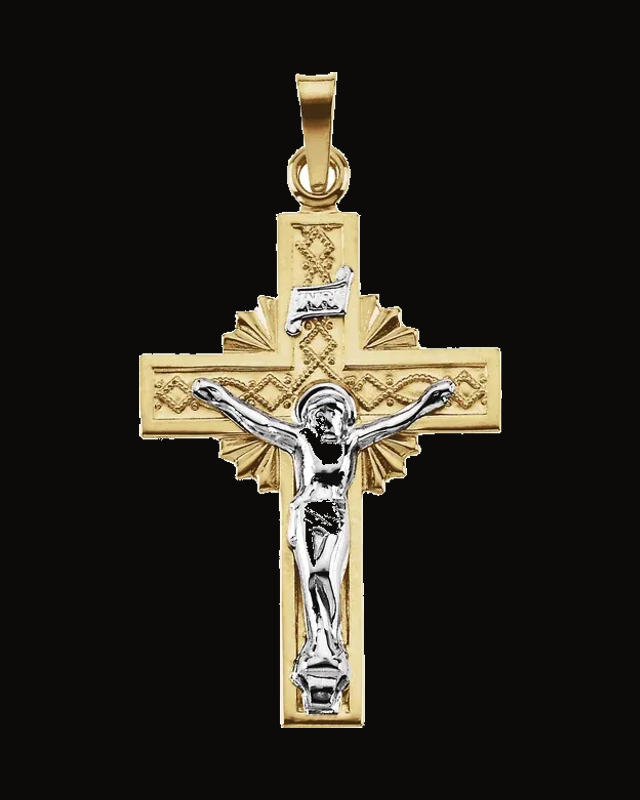Two Tone Crucifix Pendant — Rhodium-Plated on 14K Yellow & White Gold