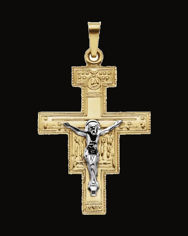 San Damiano Crucifix Pendant — Rhodium-Plated on 14K Yellow & White Gold