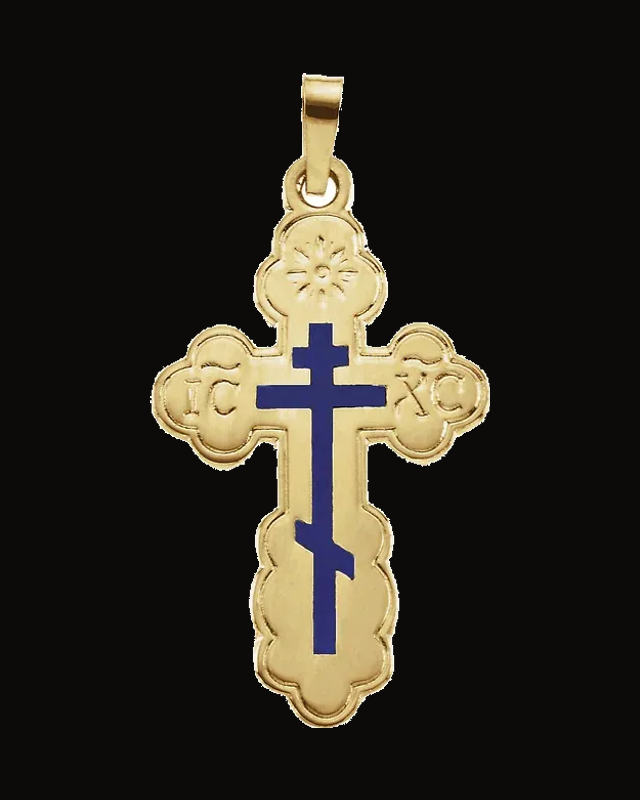 Orthodox Cross Pendant With Blue Enamel — 14K Yellow Gold
