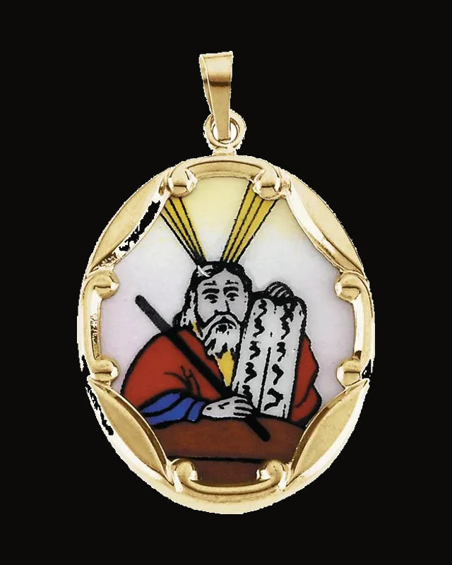 Hand Painted Moses Porcelain Pendant — 14K Yellow Gold