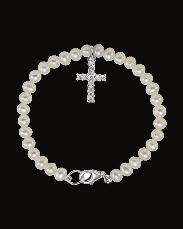 Cultured Freshwater Pearl And Cubic Zirconia Bracelet — Rhodium-Plated on Sterling Silver