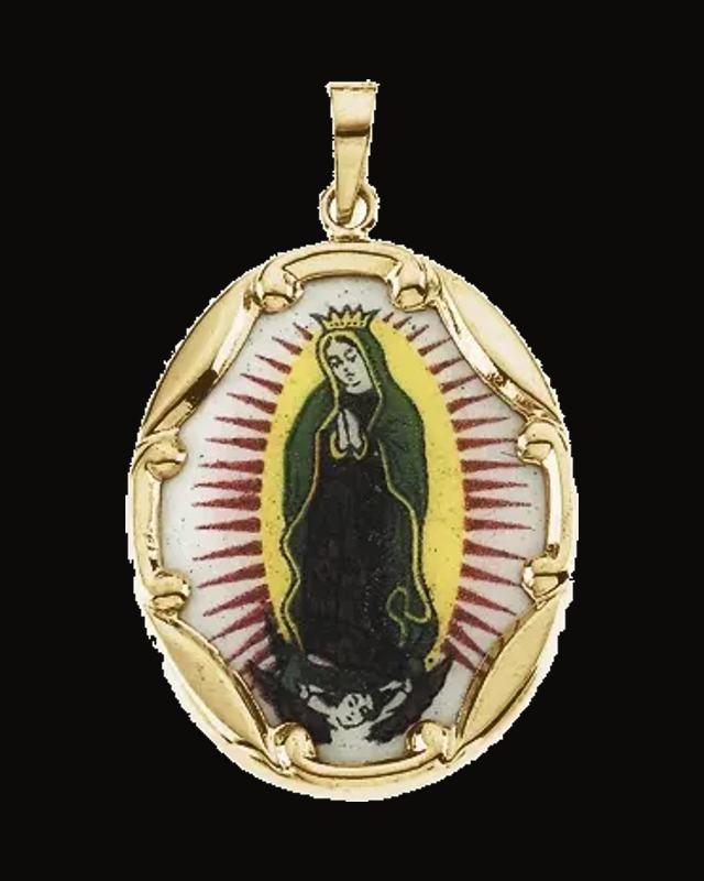 Hand Painted Our Lady of Guadalupe Porcelain Medal — 14K Yellow Gold