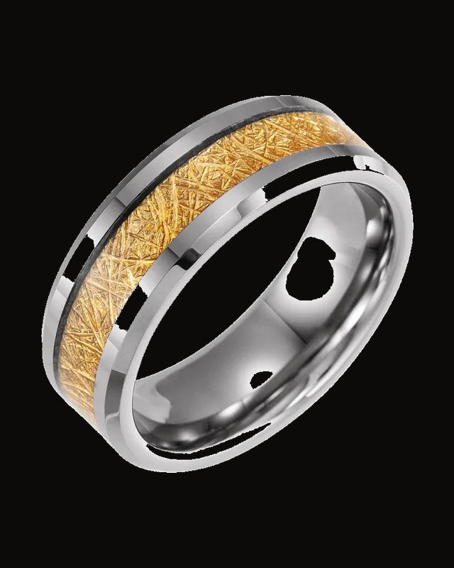 Beveled-Edge Imitation Gold Meteorite Inlay Comfort-Fit Flat Band — Tungsten · 8 mm