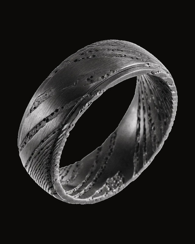 Stepped-Edge Damascus Comfort-Fit Flat Band — Damascus Stainless Steel · 8 mm
