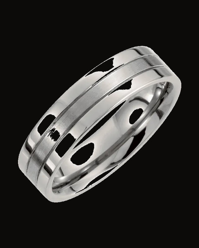 Grooved Comfort-Fit Flat Band with Satin Finish Center — Titanium