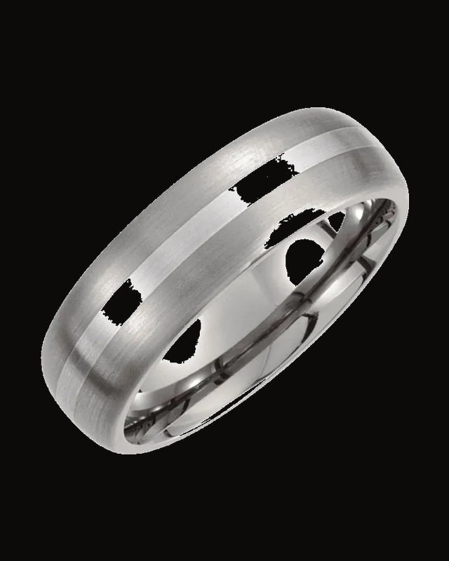 Inlay Comfort-Fit Half Round Band with Satin Finish — Titanium & Sterling Silver · 7 mm