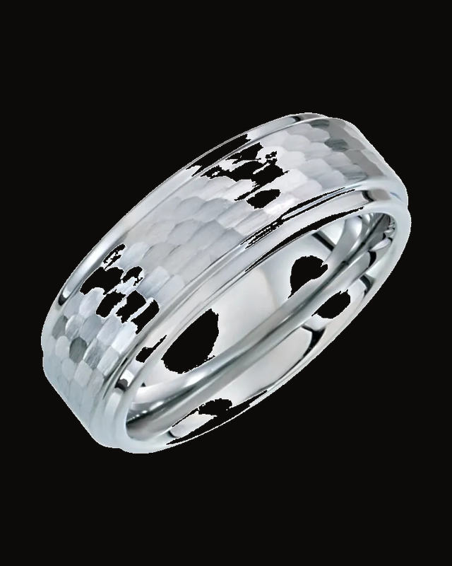 Stepped-Edge Comfort-Fit Flat Band with Bark Finish — Tungsten / White Tungsten