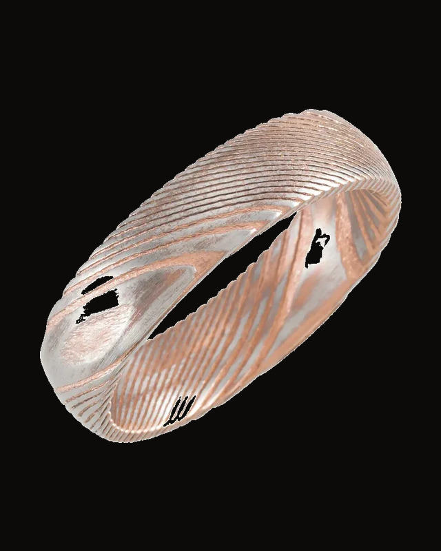 Damascus Comfort-Fit Half Round Band Withn 18K Rose Gold Pvd — 18K Rose Gold PVD Damascus Stainless Steel